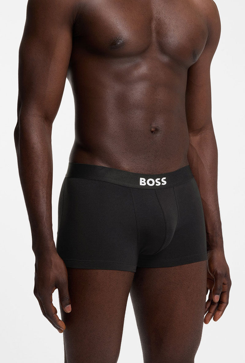 Front image of a model wearing Boss one 3pk trunks in black, by brand Boss