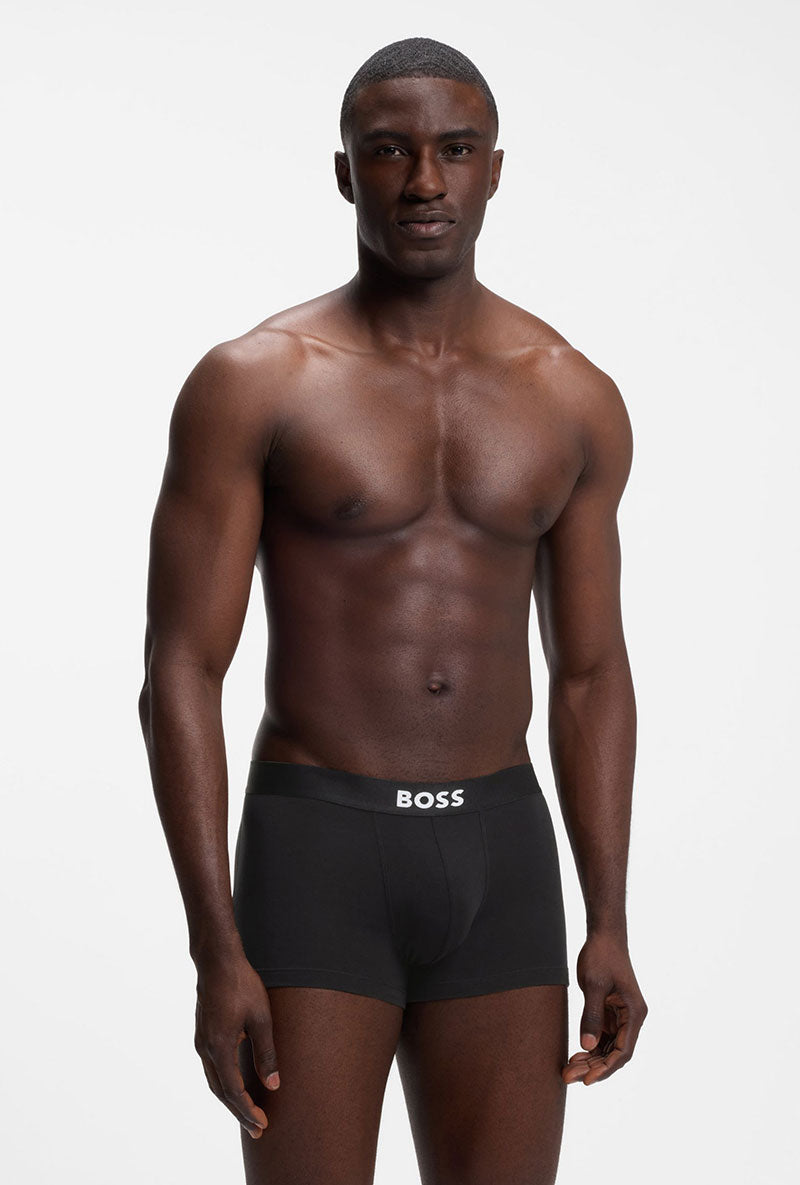 Front image of a model wearing Boss one 3pk trunks in black, by brand Boss