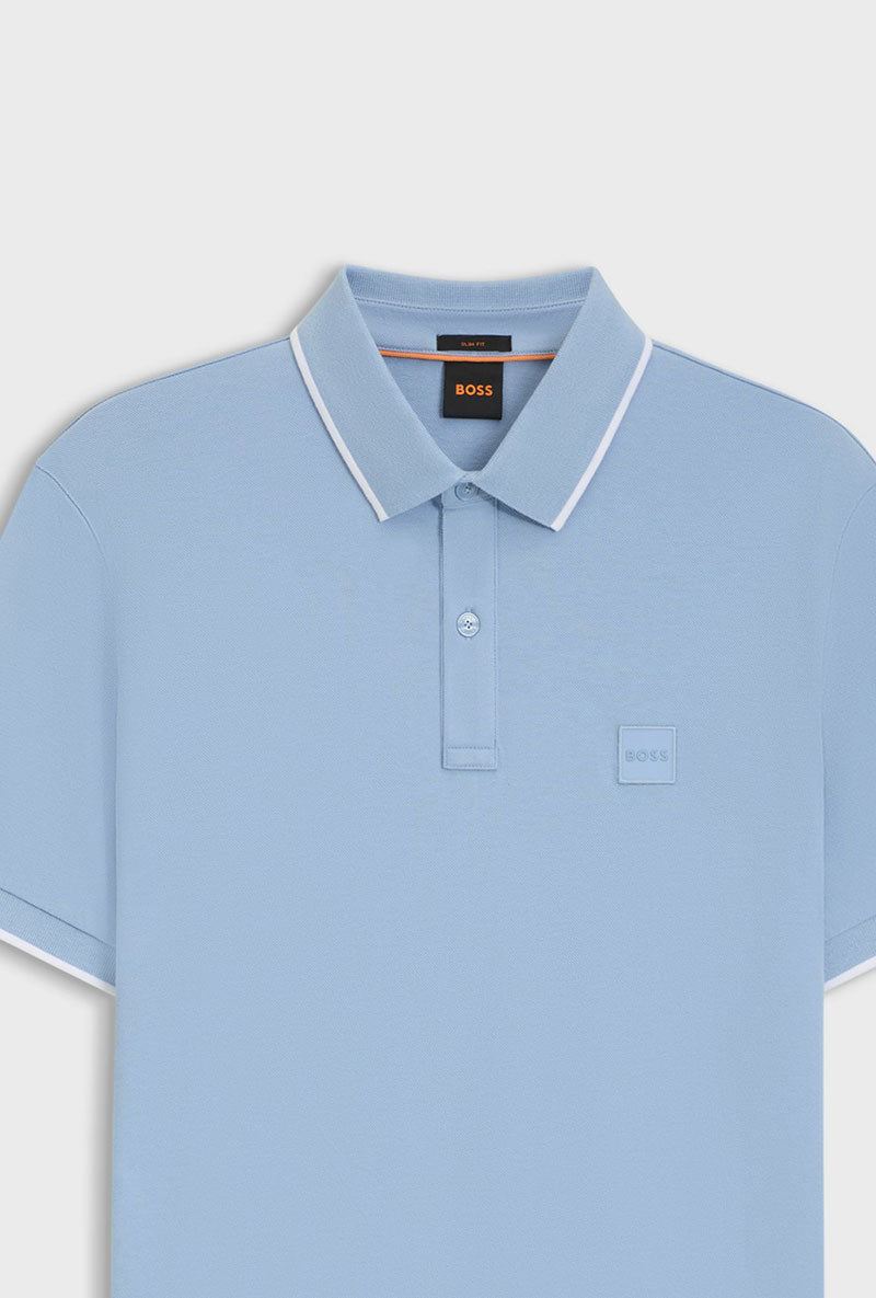 Front detail image of Boss passertip polo in light blue, by brand Boss