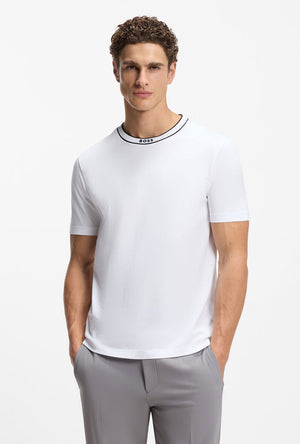 Front image of a model wearing the Boss tee 5 t in white, by brand Boss