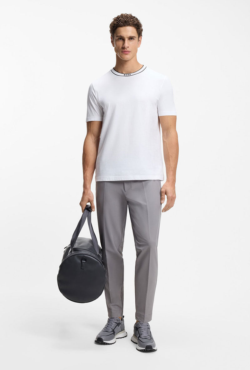 Front image of a model wearing Boss tee 5 t in white, by brand Boss