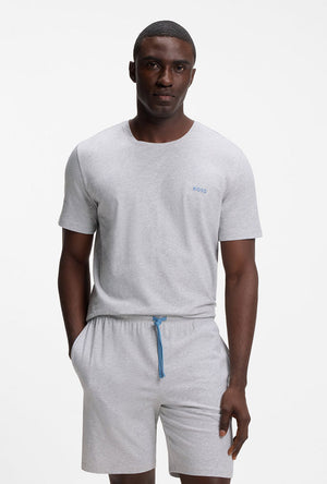 Front image of a model wearing the Mix and match t-shirt in light grey, by brand Boss