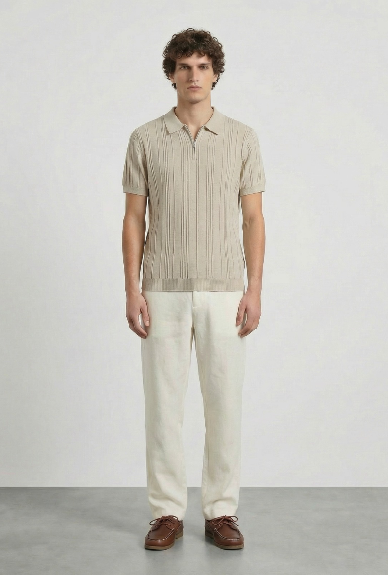 Front image of a model wearing Deep colin zip polo in beige, by brand Deep