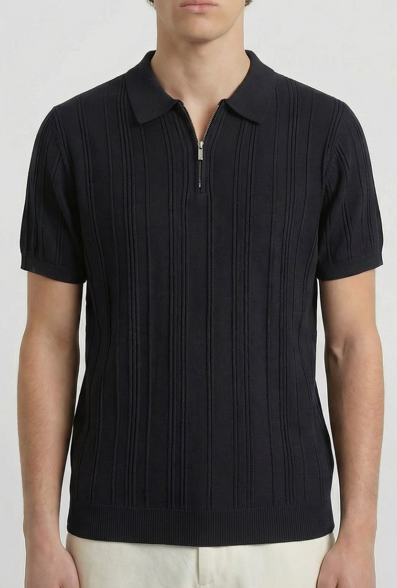 Front detail image of a model wearing Deep colin zip polo in black, by brand Deep