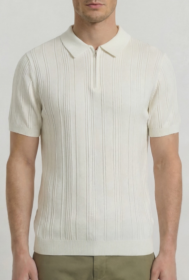 Front detail image of a model wearing Deep colin zip polo in white, by brand Deep