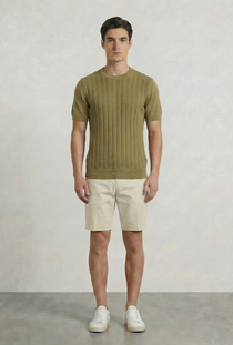 Front image of a model wearing the Deep connor round neck knit in khaki, by brand Deep