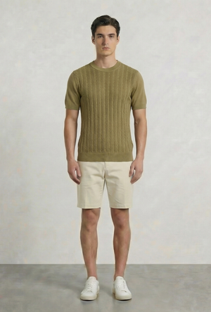 Front image of a model wearing the Deep connor round neck knit in khaki, by brand Deep