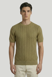 Front image of a model wearing the Deep connor round neck knit in khaki, by brand Deep