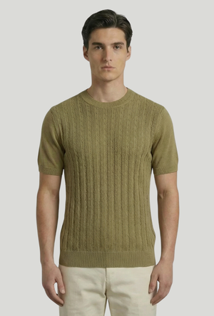 Front image of a model wearing the Deep connor round neck knit in khaki, by brand Deep
