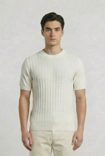 Front image of a model wearing the Deep connor round neck knit in white, by brand Deep