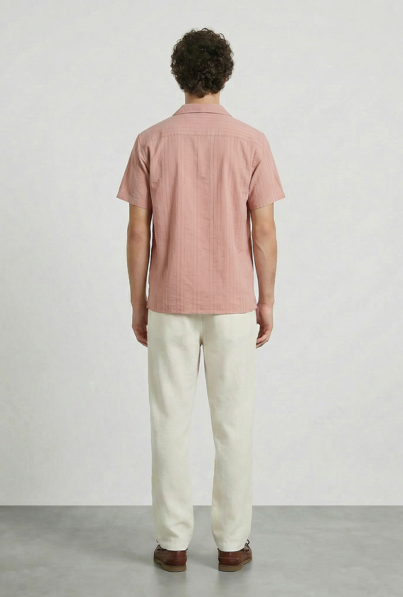 Back image of a model wearing Deep fusion resort shirt in light pink, by brand Deep