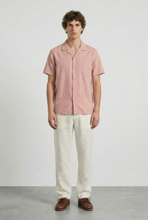 Front image of a model wearing the Deep fusion resort shirt in light pink, by brand Deep