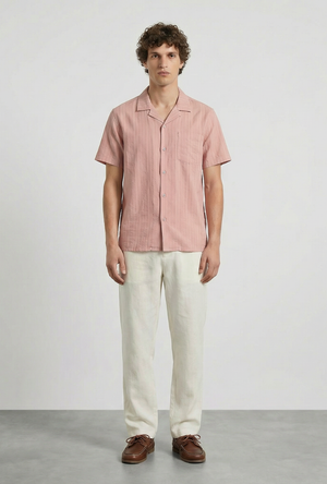 Front image of a model wearing the Deep fusion resort shirt in light pink, by brand Deep