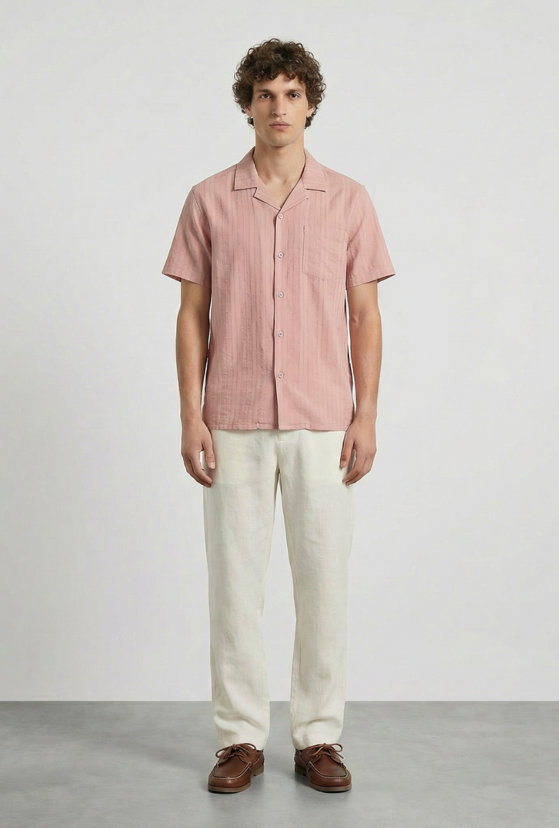 Front image of a model wearing Deep fusion resort shirt in light pink, by brand Deep