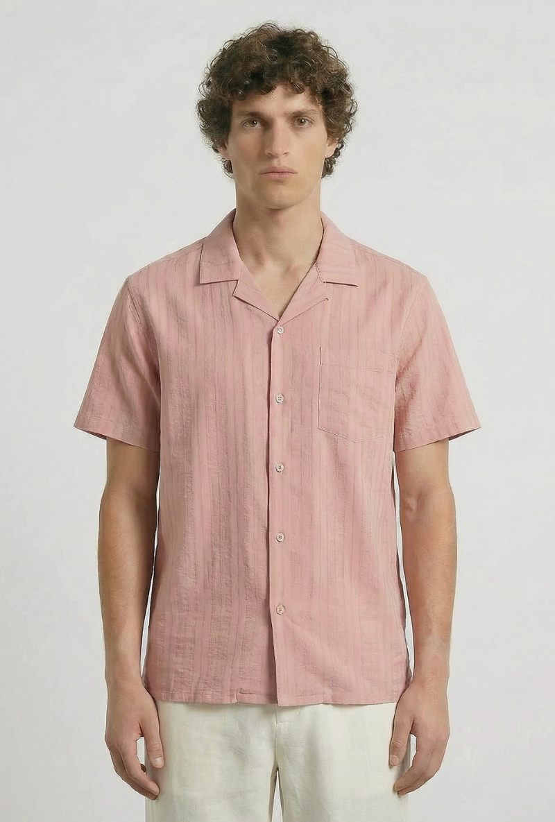 Front image of a model wearing Deep fusion resort shirt in light pink, by brand Deep