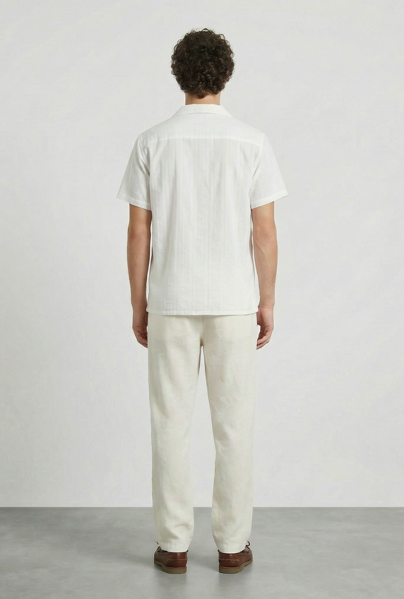 Back image of a model wearing Deep fusion resort shirt in white, by brand Deep