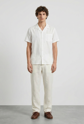 Front image of a model wearing Deep fusion resort shirt in white, by brand Deep