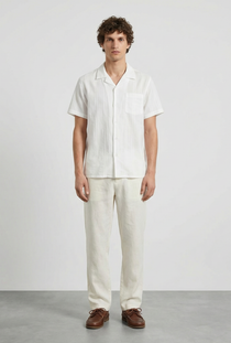 Front image of a model wearing the Deep fusion resort shirt in white, by brand Deep