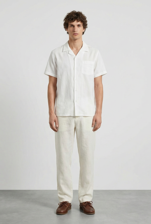 Front image of a model wearing the Deep fusion resort shirt in white, by brand Deep