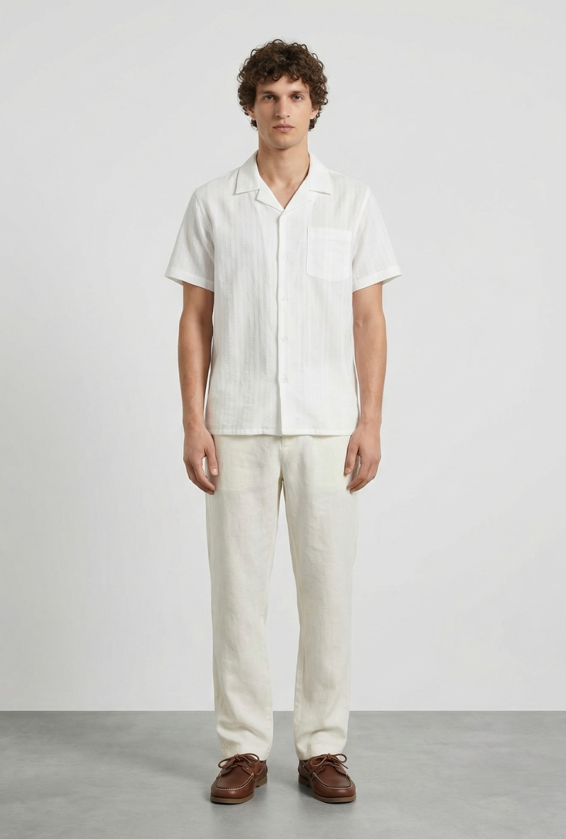 Front image of a model wearing Deep fusion resort shirt in white, by brand Deep