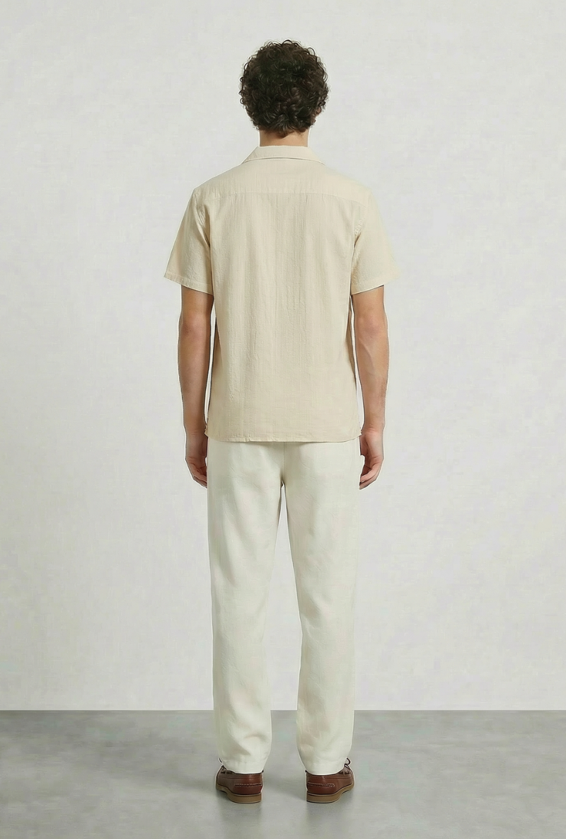 Back image of a model wearing Deep fusion resort shirt in yellow, by brand Deep