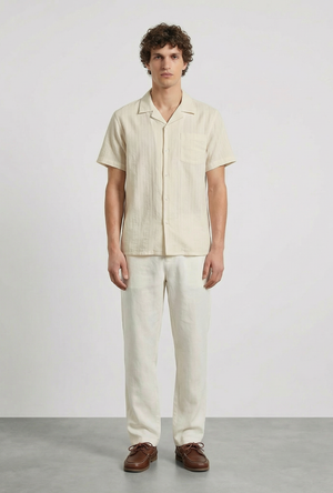 Front image of a model wearing the Deep fusion resort shirt in yellow, by brand Deep