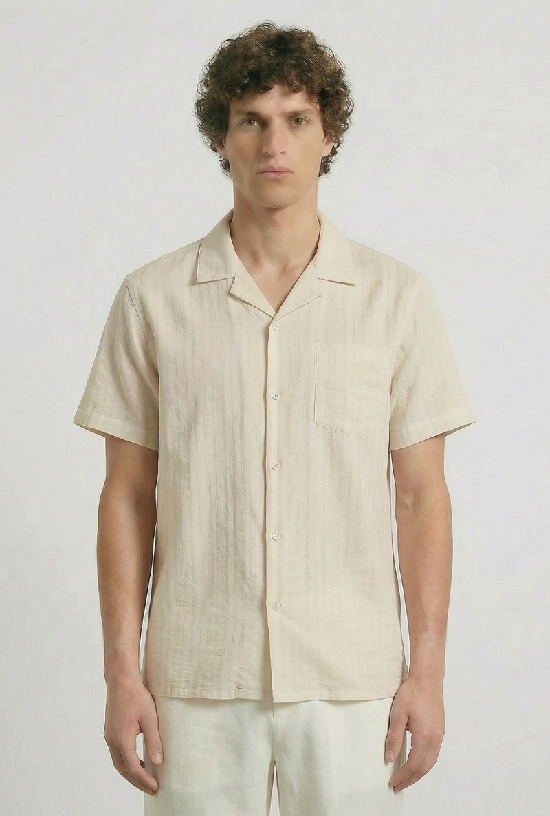 Front image of a model wearing Deep fusion resort shirt in yellow, by brand Deep