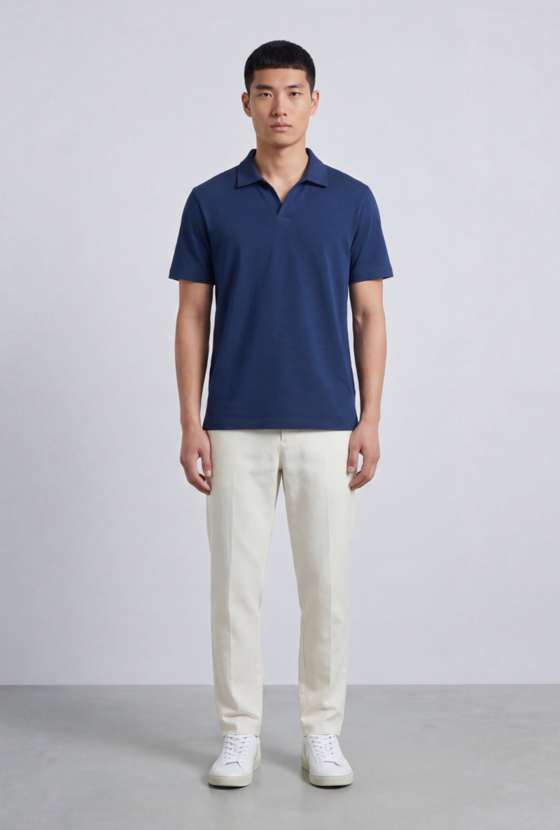 Front image of a model wearing Deep leroy polo in navy, by brand Deep
