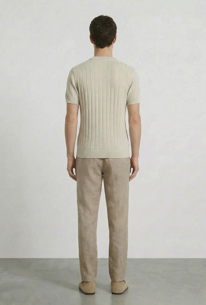 Back image of a model wearing Deep rex crew neck rib knit in beige, by brand Deep