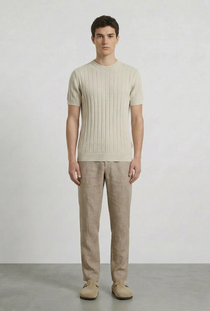 Front image of a model wearing the Deep rex crew neck rib knit in beige, by brand Deep
