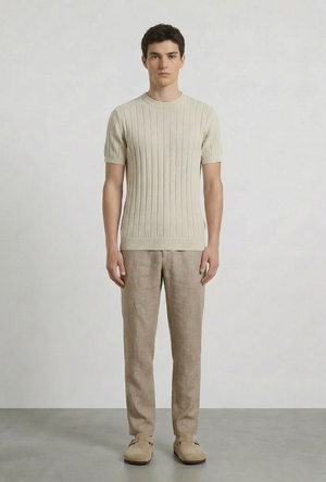 Front image of a model wearing the Deep rex crew neck rib knit in beige, by brand Deep