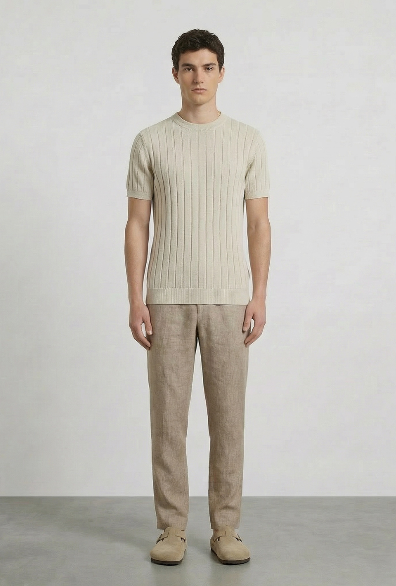 Front image of a model wearing Deep rex crew neck rib knit in beige, by brand Deep