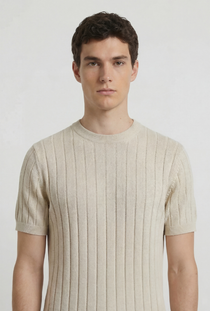 Front image of a model wearing the Deep rex crew neck rib knit in beige, by brand Deep