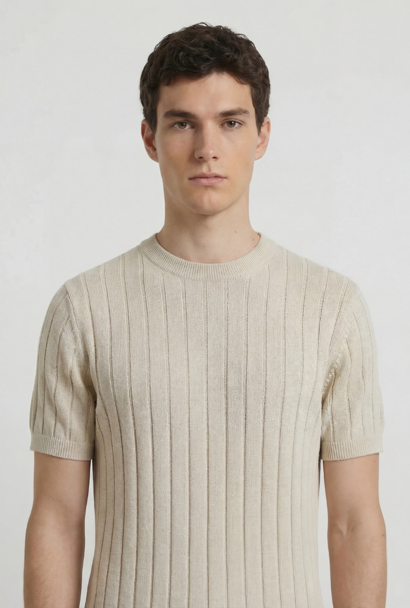 Front image of a model wearing Deep rex crew neck rib knit in beige, by brand Deep