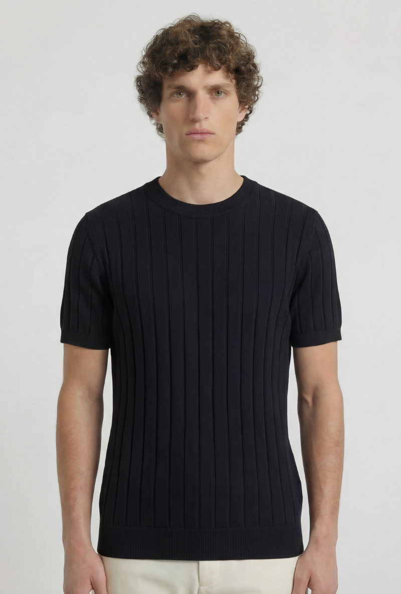 Front image of a model wearing Deep rex crew neck rib knit in black, by brand Deep