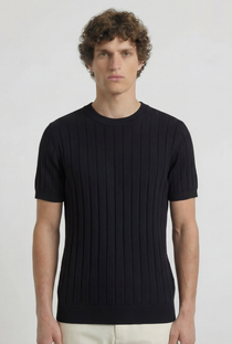 Front image of a model wearing the Deep rex crew neck rib knit in black, by brand Deep