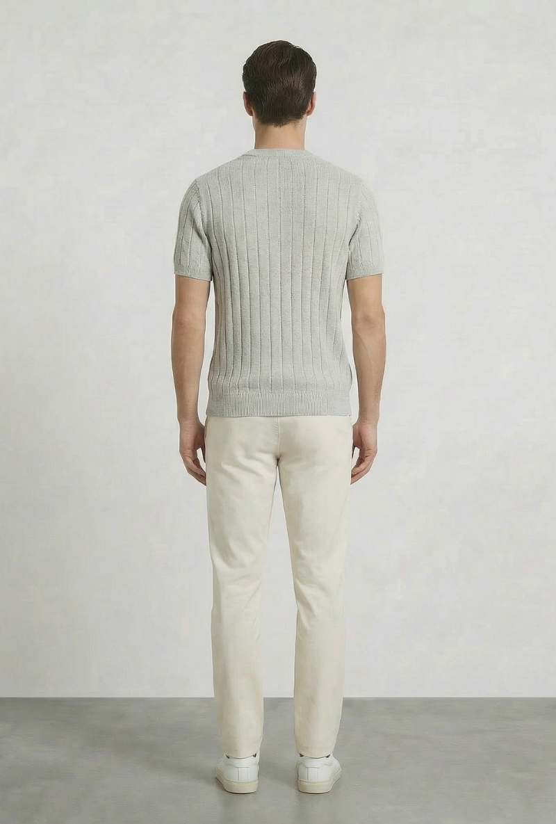 Back image of a model wearing Deep rex crew neck rib knit in light grey, by brand Deep