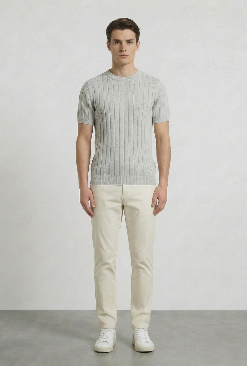 Front image of a model wearing Deep rex crew neck rib knit in light grey, by brand Deep