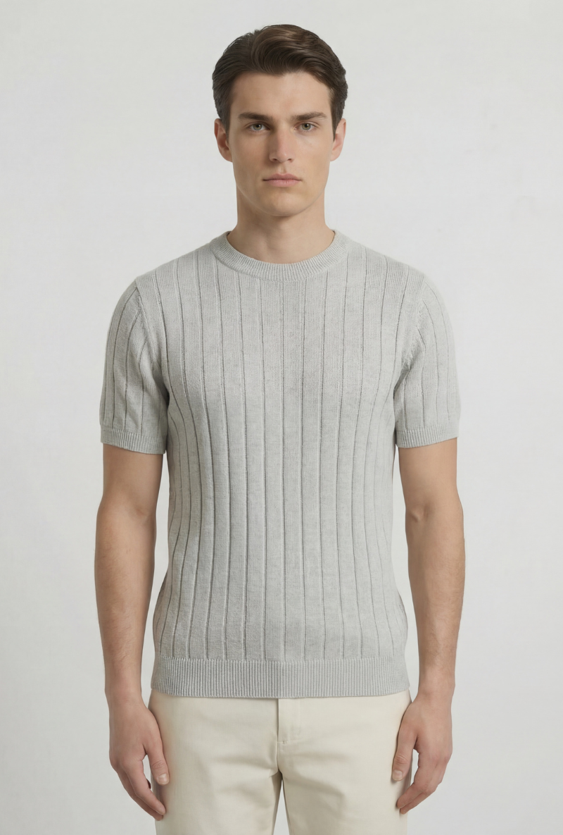 Front image of a model wearing Deep rex crew neck rib knit in light grey, by brand Deep