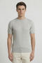 Front image of a model wearing the Deep rex crew neck rib knit in light grey, by brand Deep