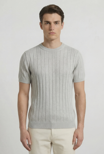 Front image of a model wearing the Deep rex crew neck rib knit in light grey, by brand Deep