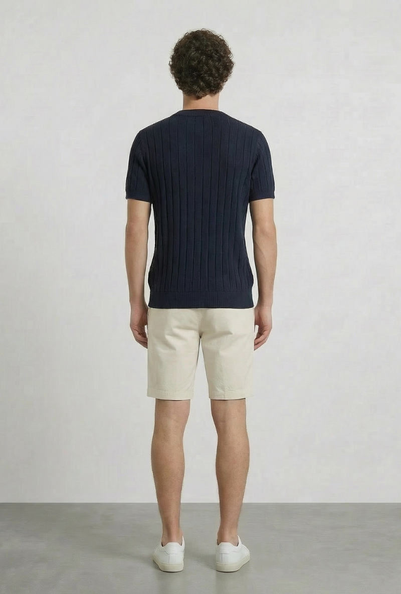 Back image of a model wearing Deep rex crew neck rib knit in navy, by brand Deep
