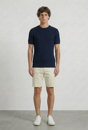 Front image of a model wearing Deep rex crew neck rib knit in navy, by brand Deep