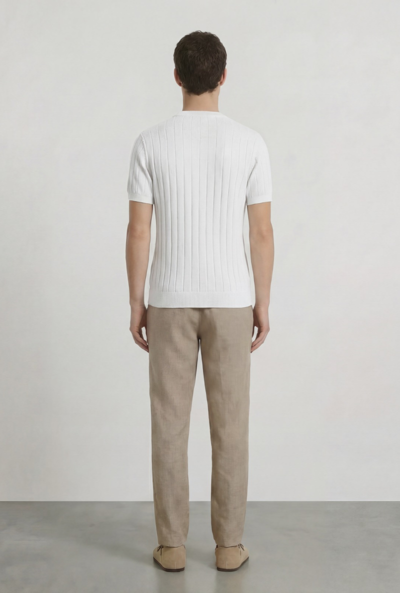 Back image of a model wearing Deep rex crew neck rib knit in white, by brand Deep