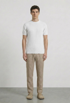 Front image of a model wearing Deep rex crew neck rib knit in white, by brand Deep