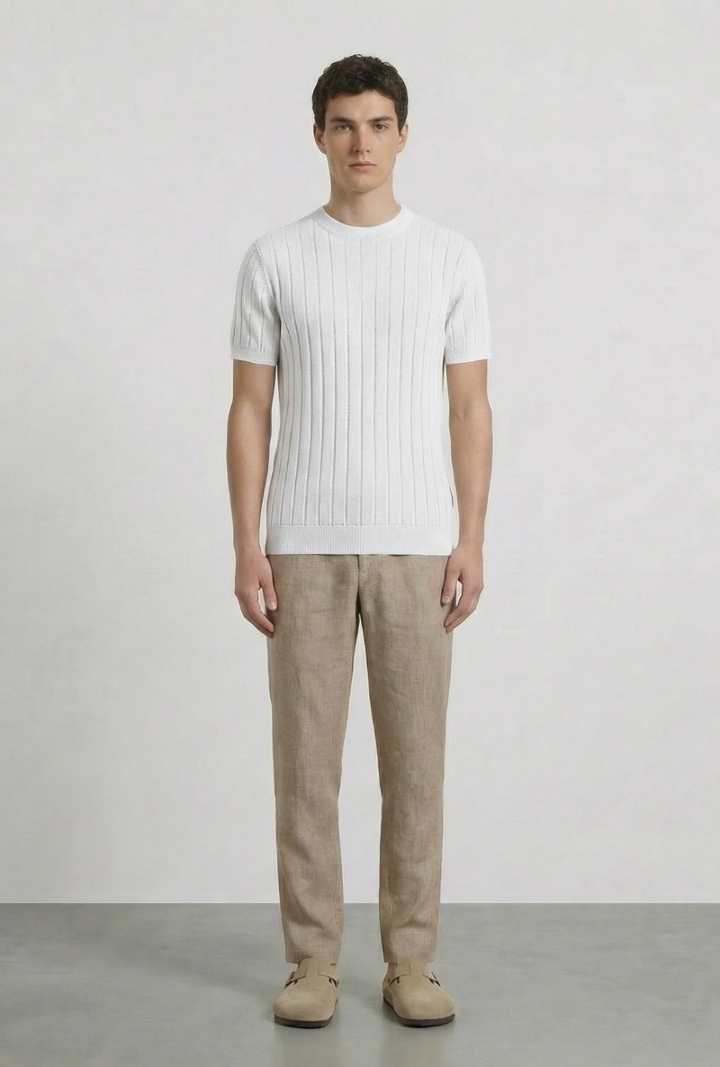 Front image of a model wearing Deep rex crew neck rib knit in white, by brand Deep