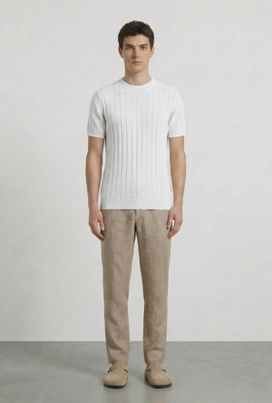 Front image of a model wearing the Deep rex crew neck rib knit in white, by brand Deep
