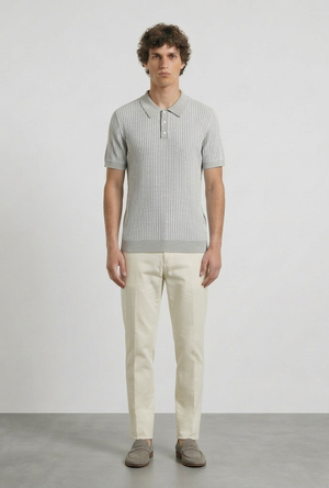 Front image of a model wearing the Deep riley stripe polo in grey, by brand Deep