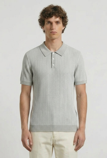 Front image of a model wearing the Deep riley stripe polo in grey, by brand Deep