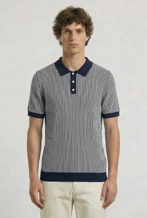 Front image of a model wearing the Deep riley stripe polo in navy, by brand Deep